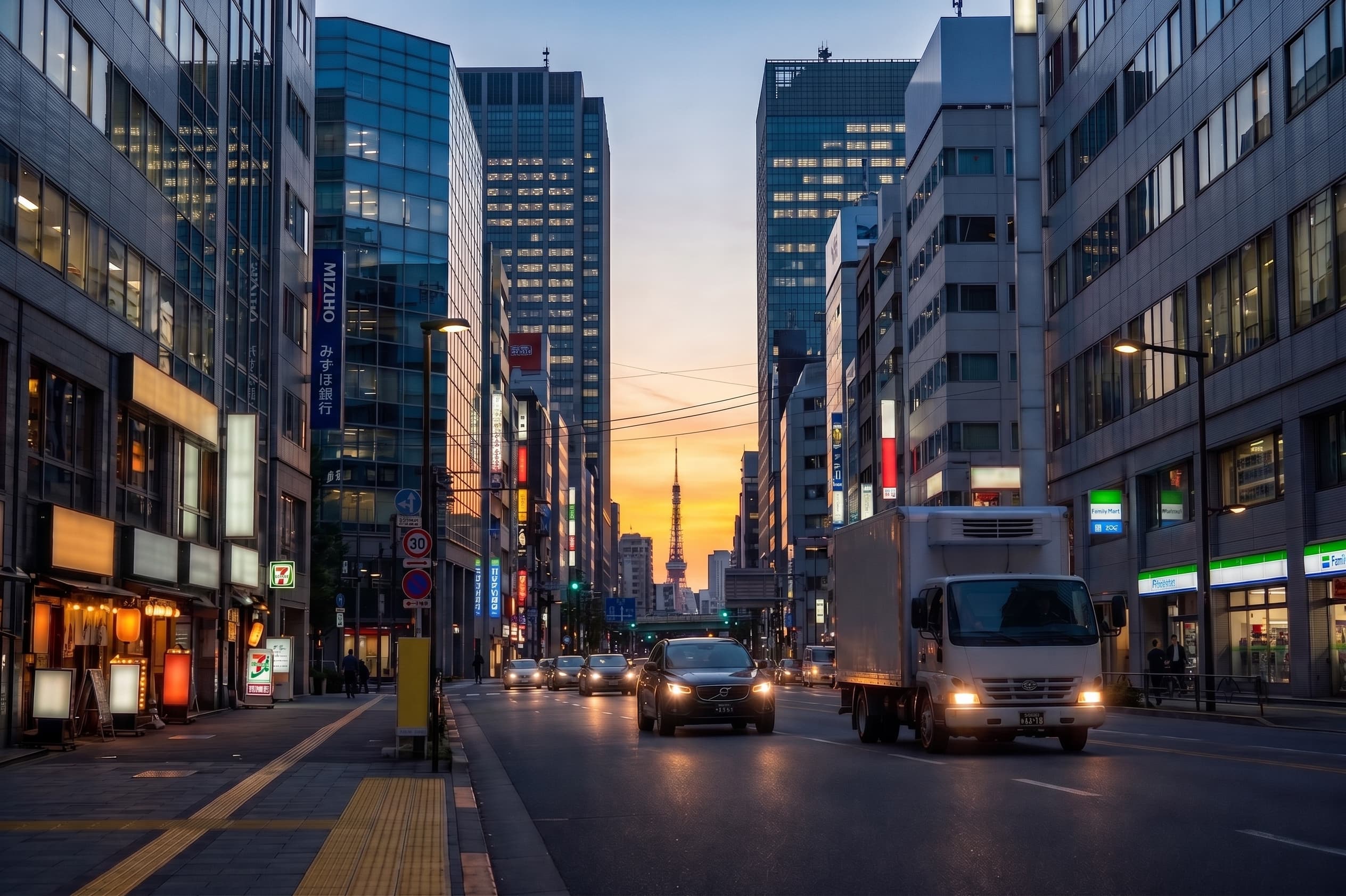 夕暮れの東京の道路を走る車と東京タワーの街並み
